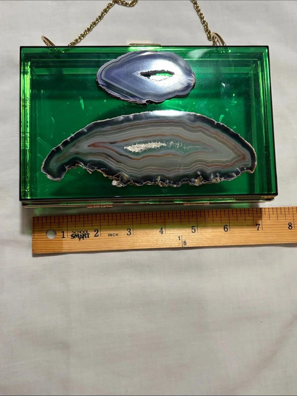 Green Agate Accent Acrylic Box Clutch with Gold Chain
